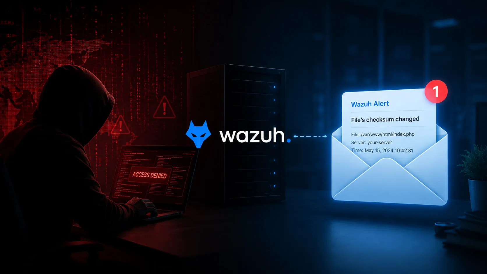 A hooded figure at a laptop showing ACCESS DENIED on one side, a server rack and the Wazuh logo in the middle, and an alert email reading "File's checksum changed" on the other.