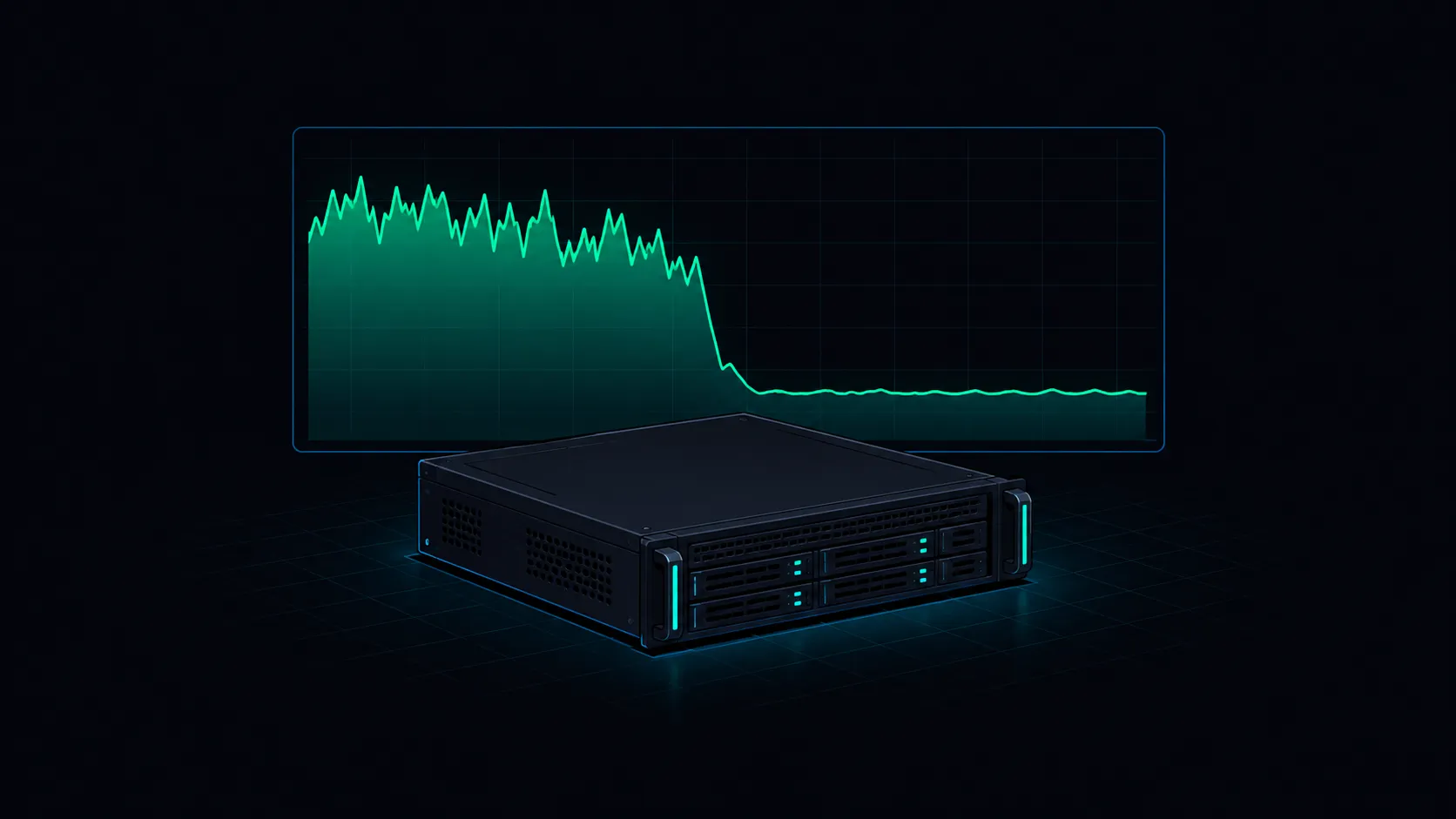 A rack server in front of a monitoring chart whose green CPU trace runs high and jagged, drops off a cliff, and then holds a low flat line.